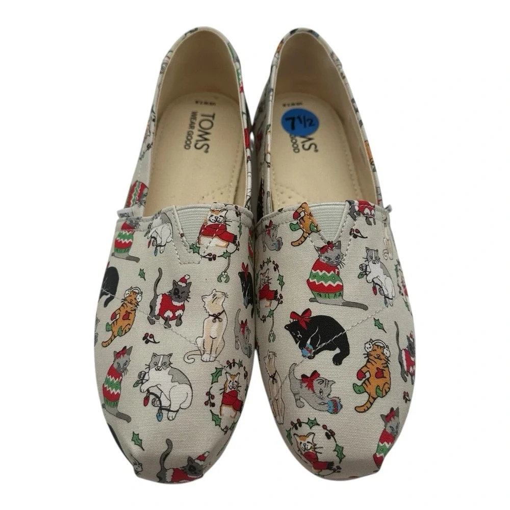 Toms Belmont Christmas Cats Shoes Womens 7.5 Gray Holiday‎ Slip On Shoes
